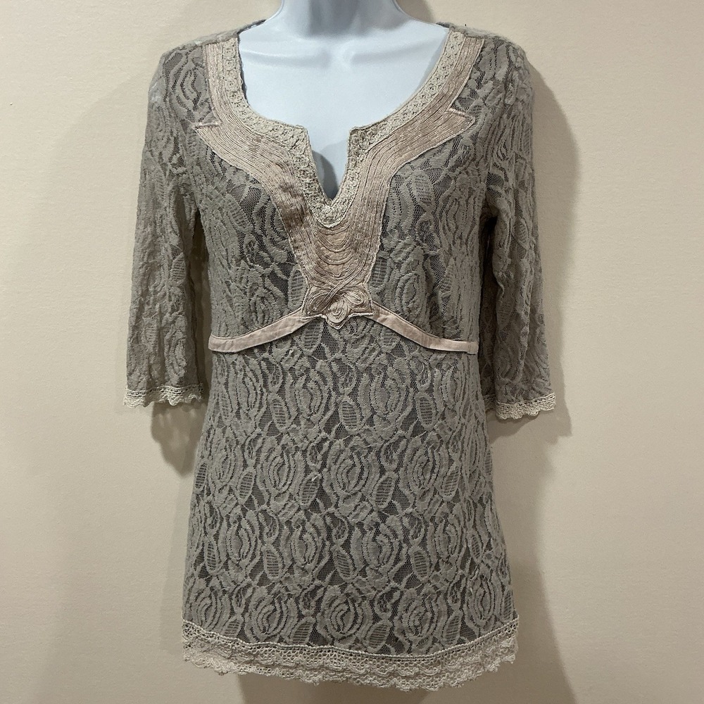 Ultra Pink Cream Lace Top Embellished 3/4 Sleeve Blouse Medium Fairy Ethereal